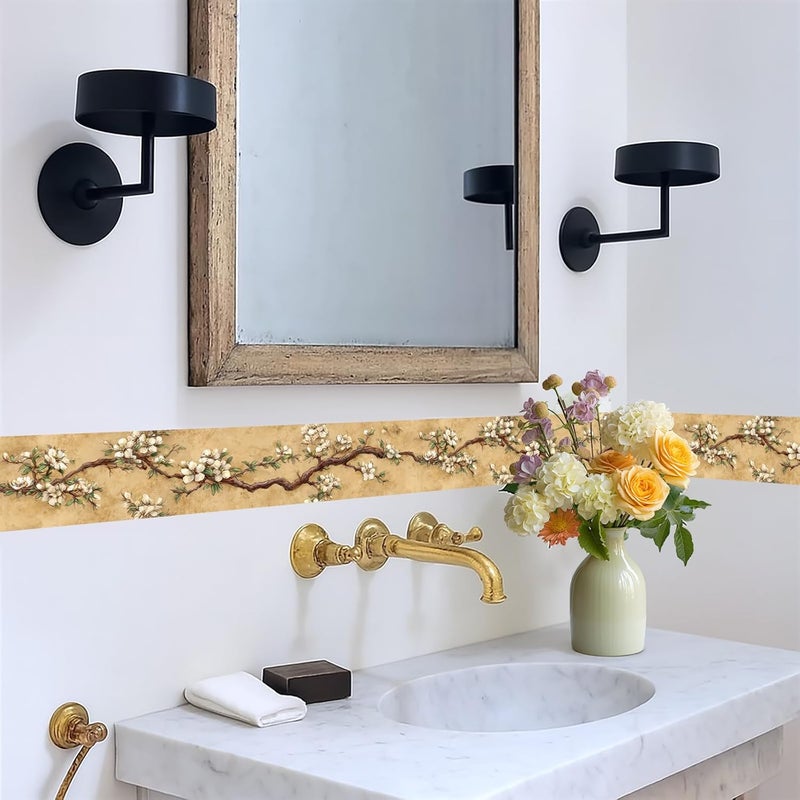 IOHEFY Vintage Blossom Wallpaper Border 196x4 Inch Beige Floral Branch Peel and Stick Wall Border Removable Decorative Vinyl Trim for Bathroom Bedroom Kitchen Living Room Decor - Image 5